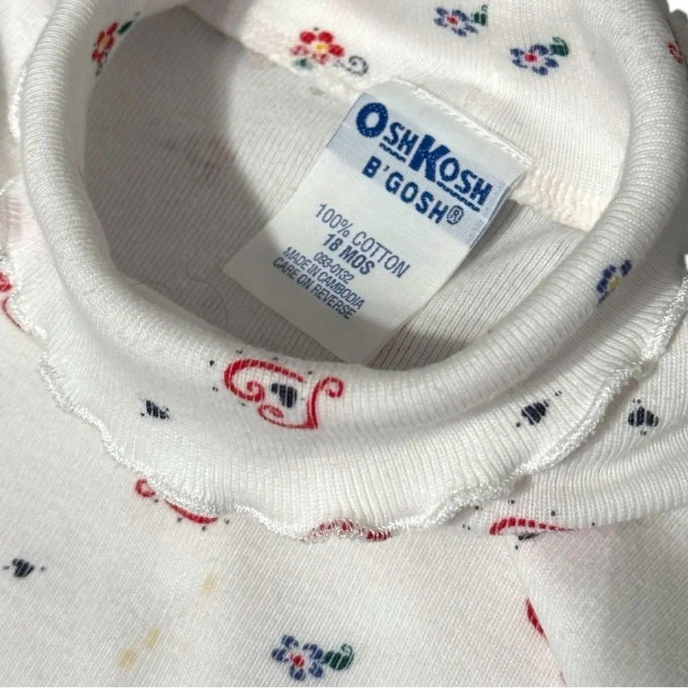 Vintage OshKosh B’gosh Baby Bodysuit 18M White Floral Hearts Turtleneck